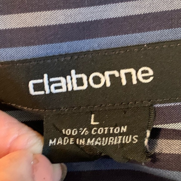 CLAIBORNE. Silver/Black/Blue button down striped shirt. 100% Cotton. - Picture 6 of 7